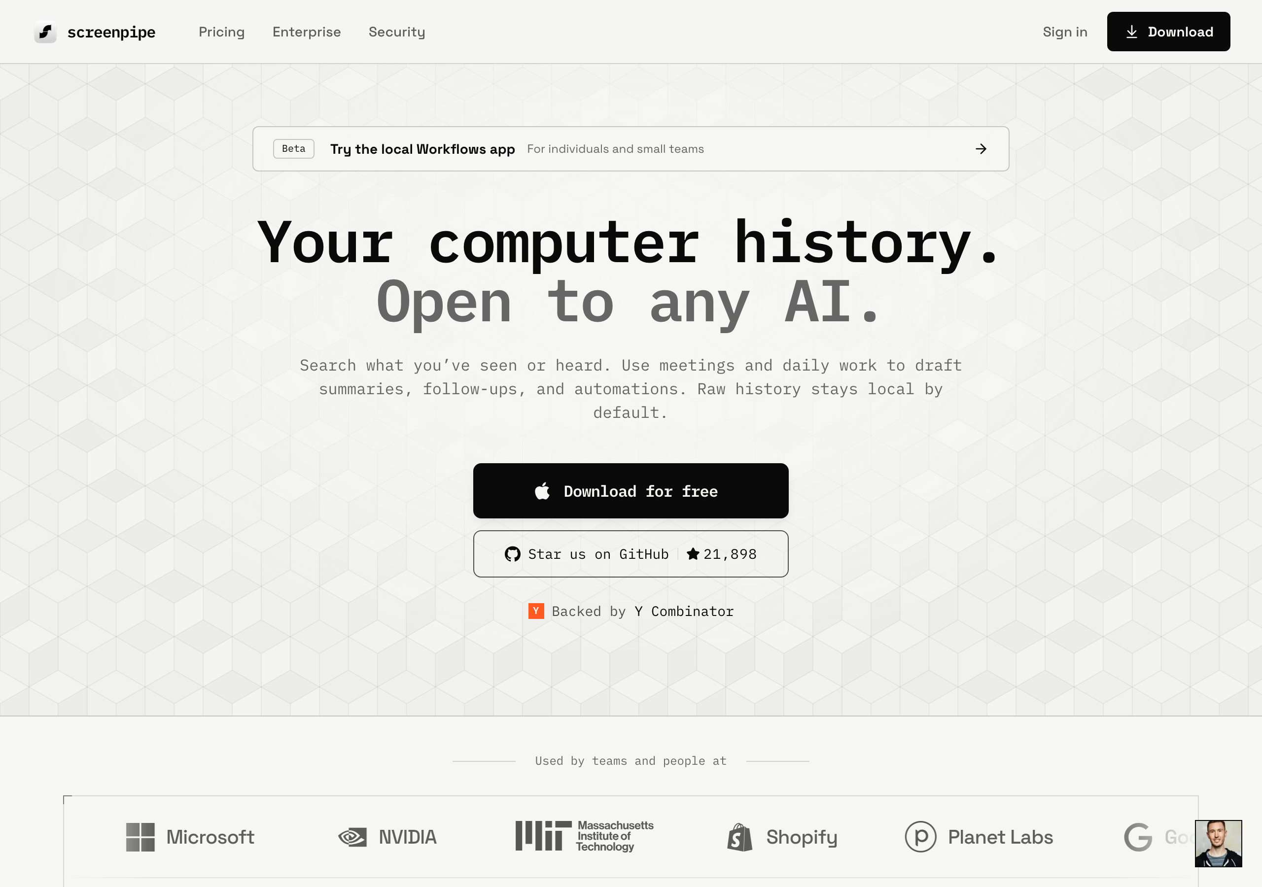 screenpipe website